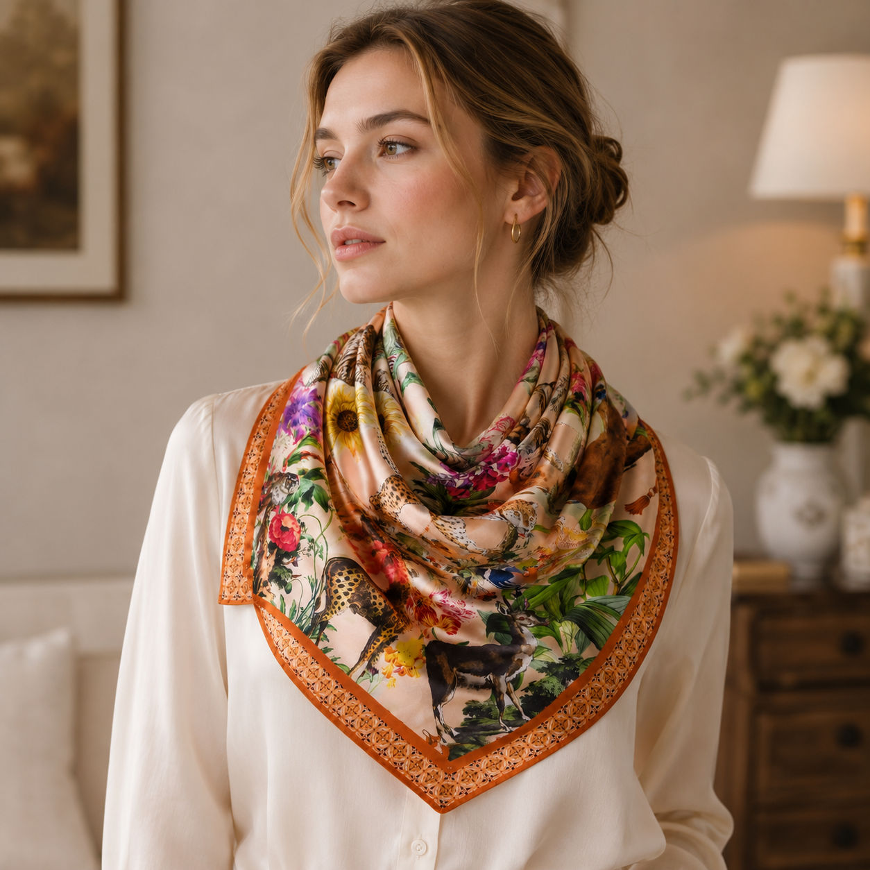 Designer Jungle Print Silk Foulard